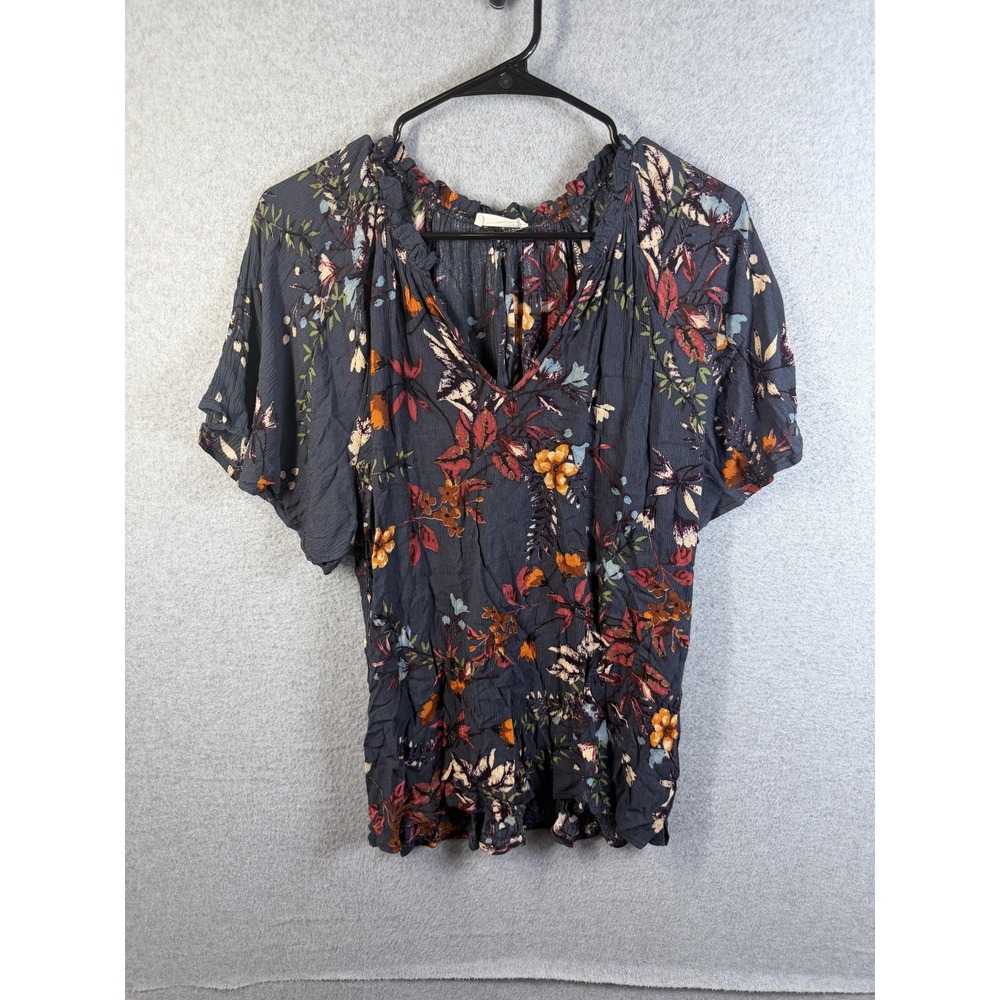 Les Amis Blouse Womens Large Blue Floral Elastic Waist Flutter Sleeve V Neck Top